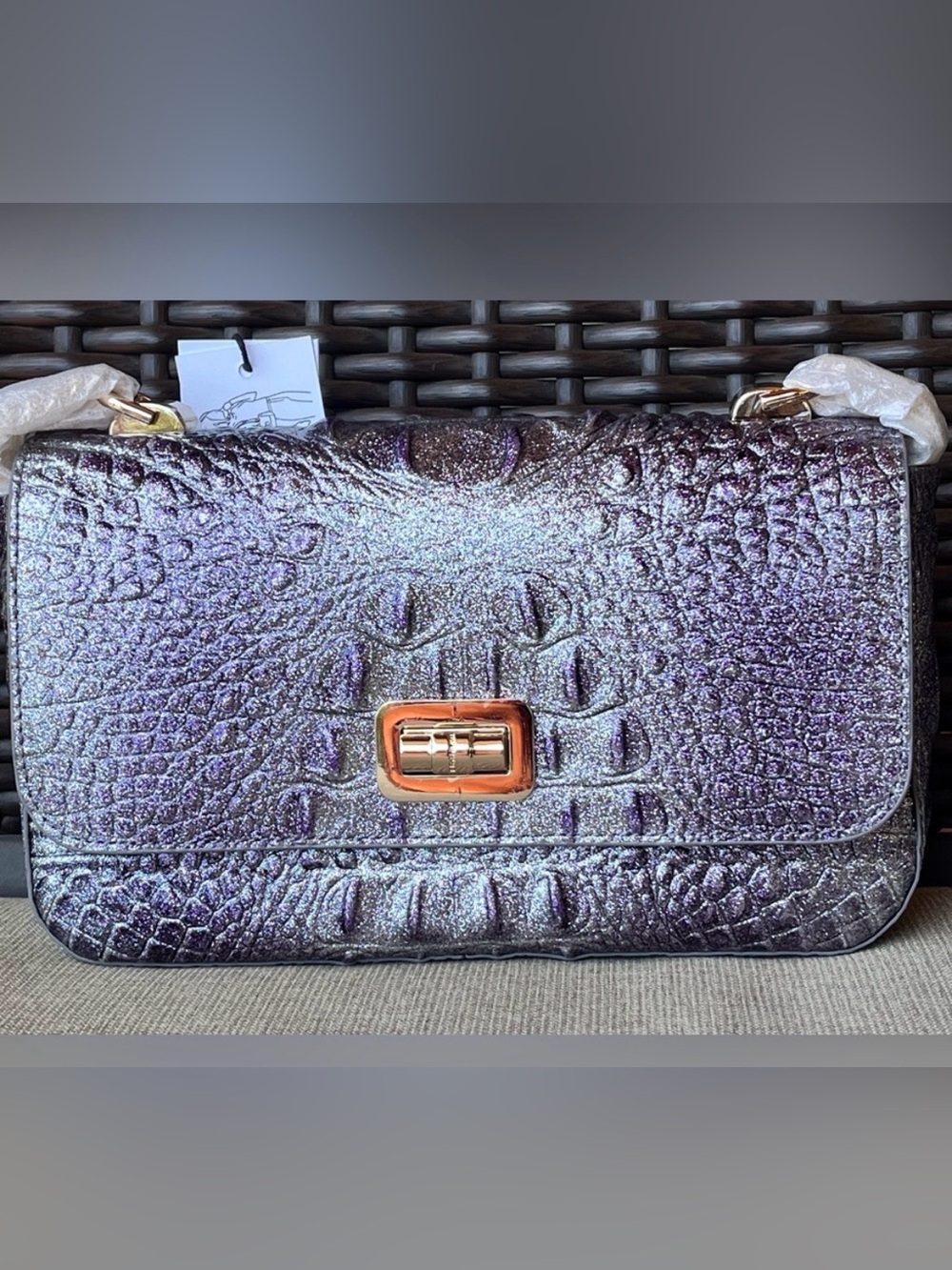 NWT Brahmin ROSA in PURPLE GLITTER Convertible Chain & Leather Strap Bag